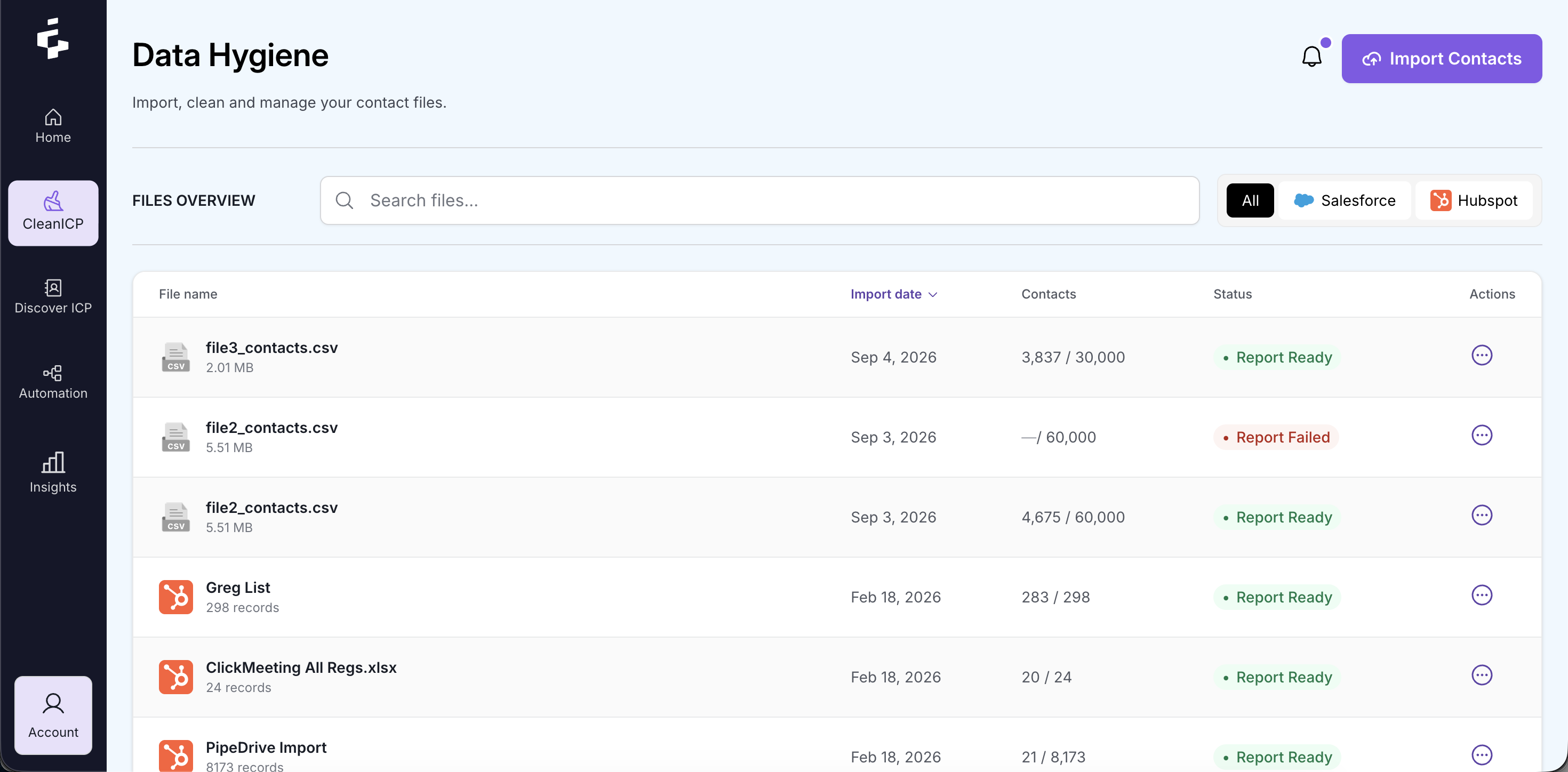 EnrichICP file overview showing imported contact files and their report status