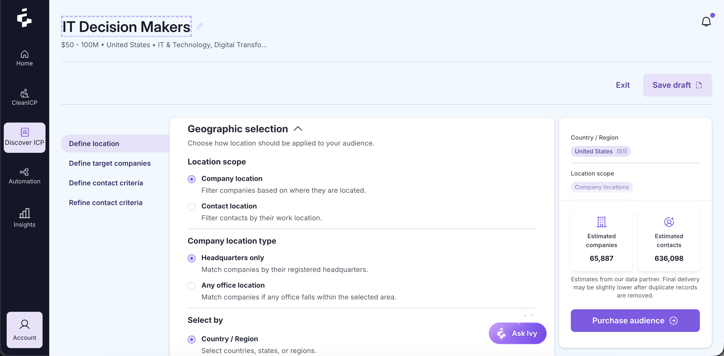 YourICP audience builder showing geographic targeting criteria